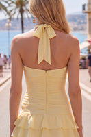 Laden Sie das Bild in den Galerie-Viewer, Blauer Neckholder Bodycon Gestuftes Gerafftes Kurzes Abendkleid mit 3D-Blume