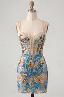 Laden Sie das Bild in den Galerie-Viewer, Blaue Blumen-Bodycon-Korsett, Pailletten, Schnürsenkel, Rücken, Spaghettiträger, kurzes Homecoming-Kleid
