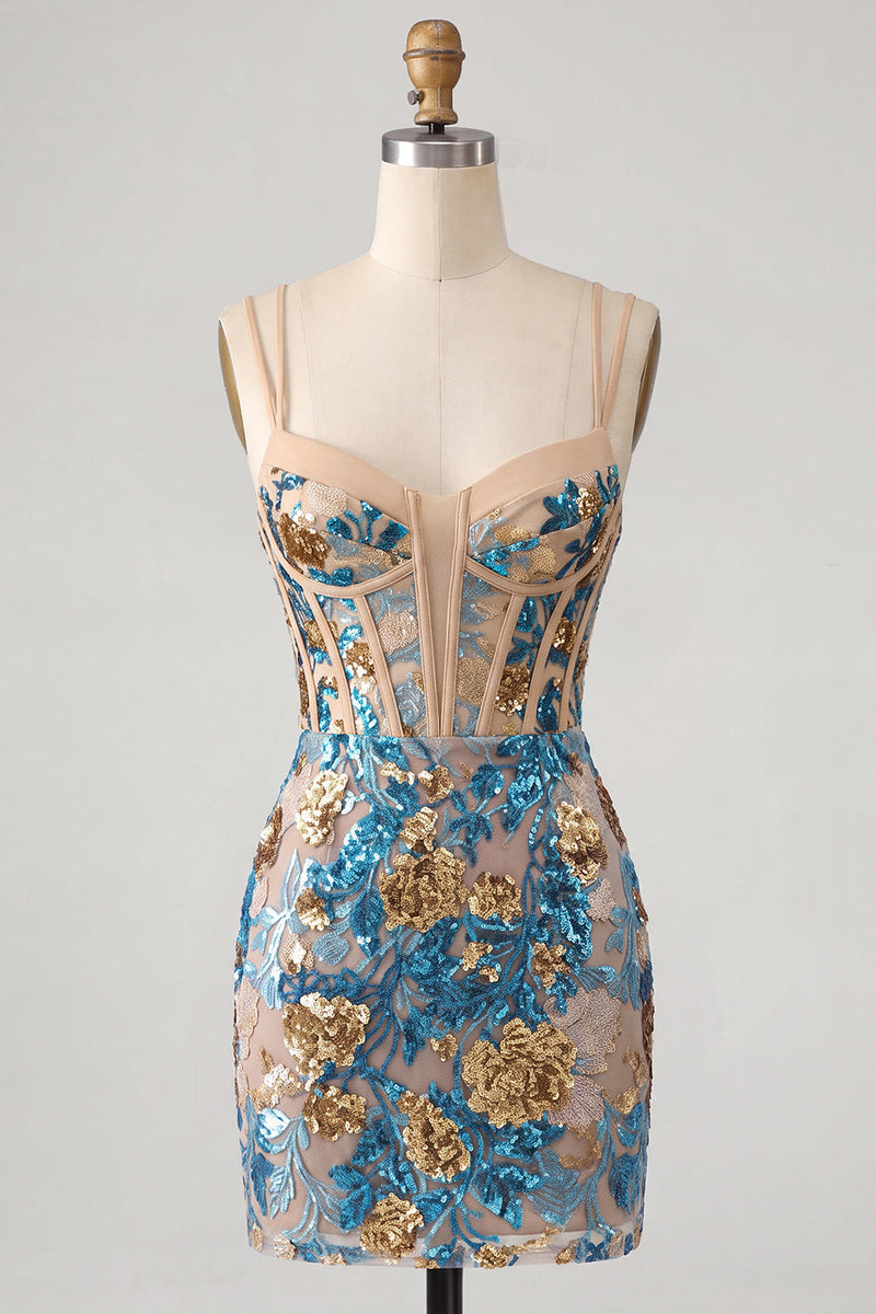 Laden Sie das Bild in den Galerie-Viewer, Blaue Blumen-Bodycon-Korsett, Pailletten, Schnürsenkel, Rücken, Spaghettiträger, kurzes Homecoming-Kleid