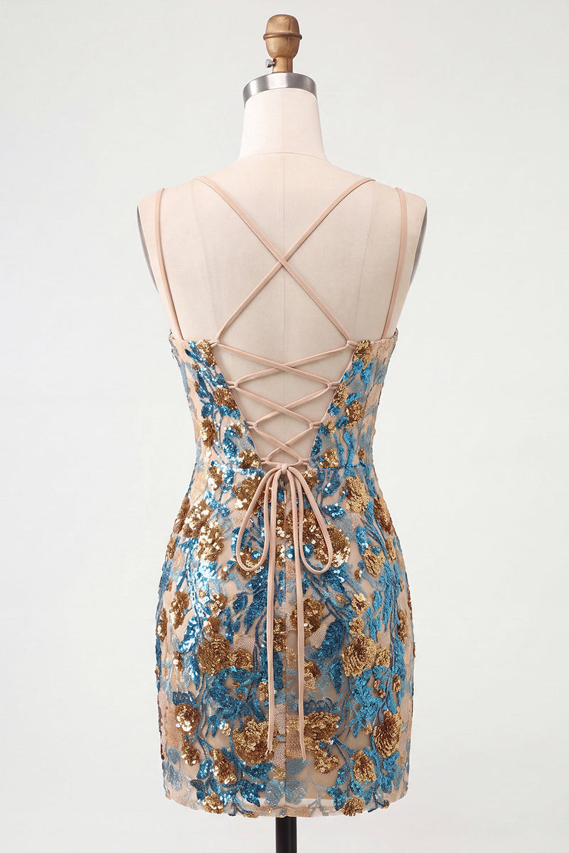 Laden Sie das Bild in den Galerie-Viewer, Blaue Blumen-Bodycon-Korsett, Pailletten, Schnürsenkel, Rücken, Spaghettiträger, kurzes Homecoming-Kleid