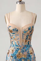 Laden Sie das Bild in den Galerie-Viewer, Blaue Blumen-Bodycon-Korsett, Pailletten, Schnürsenkel, Rücken, Spaghettiträger, kurzes Homecoming-Kleid