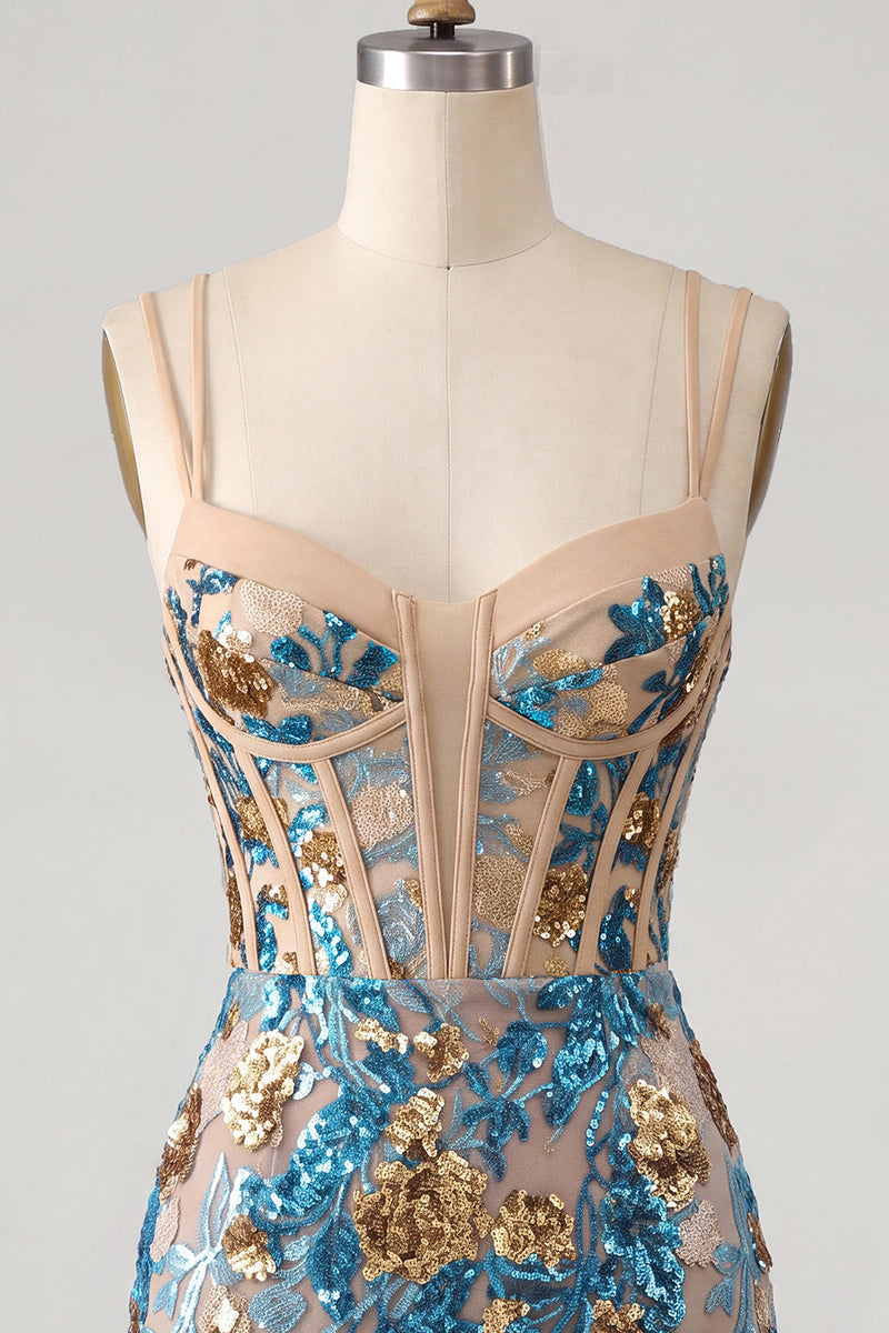 Laden Sie das Bild in den Galerie-Viewer, Blaue Blumen-Bodycon-Korsett, Pailletten, Schnürsenkel, Rücken, Spaghettiträger, kurzes Homecoming-Kleid