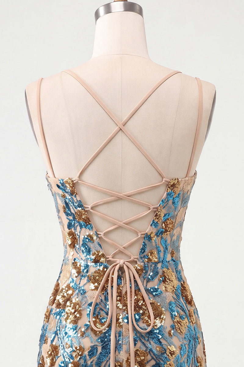 Laden Sie das Bild in den Galerie-Viewer, Blaue Blumen-Bodycon-Korsett, Pailletten, Schnürsenkel, Rücken, Spaghettiträger, kurzes Homecoming-Kleid