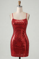 Laden Sie das Bild in den Galerie-Viewer, Glitzernde rote Spaghettiträger, Bodycon Pailletten, kurzes Homecoming-Kleid mit Schnürung hinten