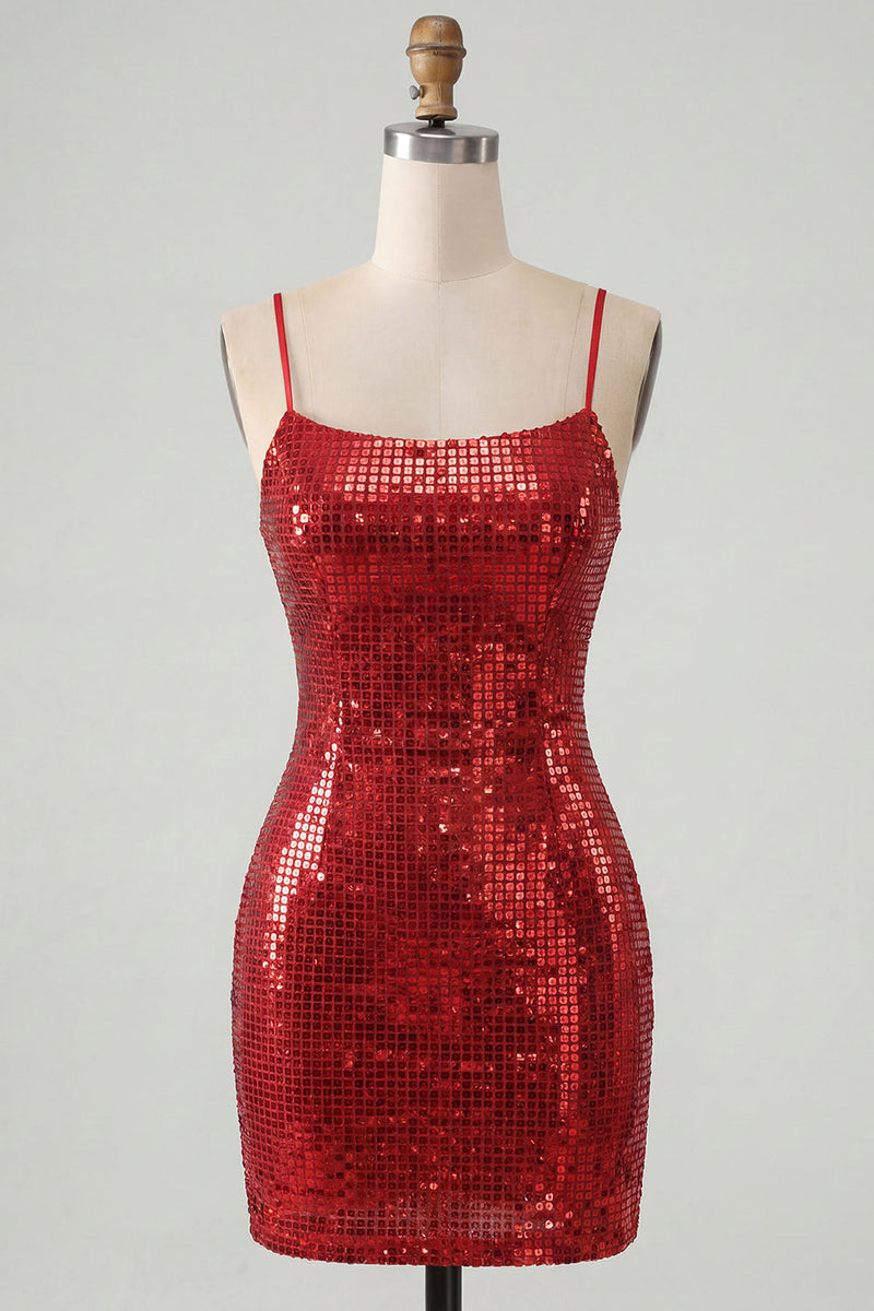 Laden Sie das Bild in den Galerie-Viewer, Glitzernde rote Spaghettiträger, Bodycon Pailletten, kurzes Homecoming-Kleid mit Schnürung hinten
