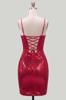 Laden Sie das Bild in den Galerie-Viewer, Glitzernde rote Spaghettiträger, Bodycon Pailletten, kurzes Homecoming-Kleid mit Schnürung hinten