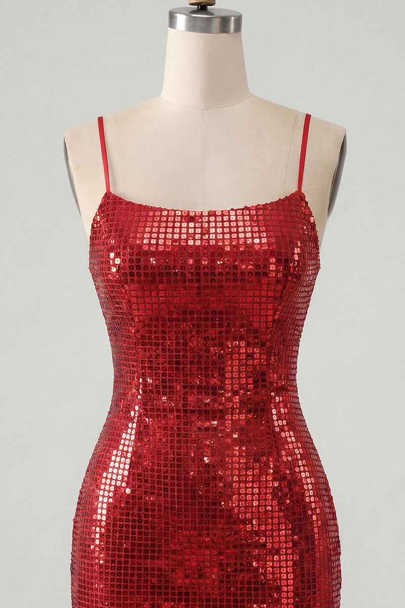 Laden Sie das Bild in den Galerie-Viewer, Glitzernde rote Spaghettiträger, Bodycon Pailletten, kurzes Homecoming-Kleid mit Schnürung hinten