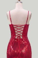 Laden Sie das Bild in den Galerie-Viewer, Glitzernde rote Spaghettiträger, Bodycon Pailletten, kurzes Homecoming-Kleid mit Schnürung hinten