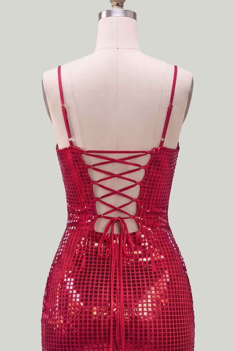 Laden Sie das Bild in den Galerie-Viewer, Glitzernde rote Spaghettiträger, Bodycon Pailletten, kurzes Homecoming-Kleid mit Schnürung hinten