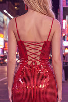 Laden Sie das Bild in den Galerie-Viewer, Glitzernde rote Spaghettiträger, Bodycon Pailletten, kurzes Homecoming-Kleid mit Schnürung hinten