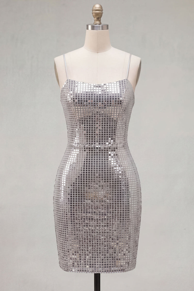 Laden Sie das Bild in den Galerie-Viewer, Glitzernde rote Spaghettiträger, Bodycon Pailletten, kurzes Homecoming-Kleid mit Schnürung hinten