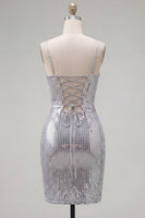 Laden Sie das Bild in den Galerie-Viewer, Glitzernde rote Spaghettiträger, Bodycon Pailletten, kurzes Homecoming-Kleid mit Schnürung hinten