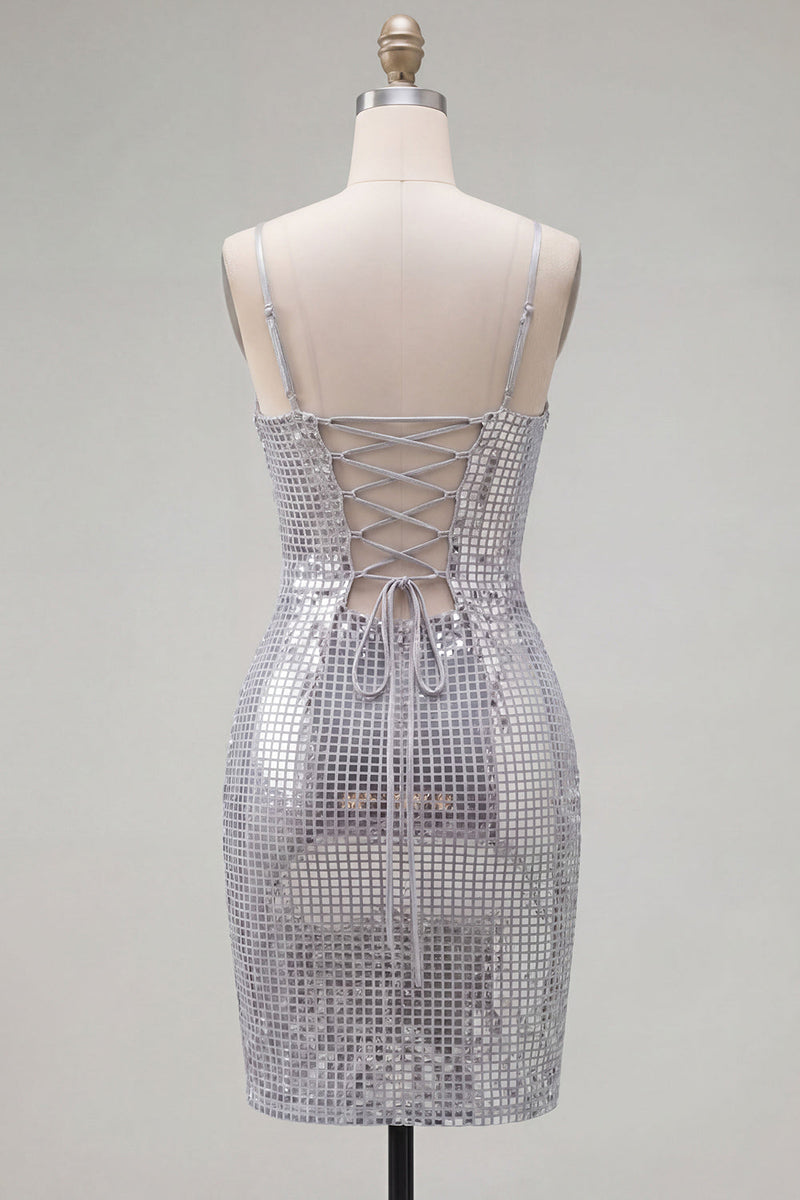 Laden Sie das Bild in den Galerie-Viewer, Glitzernde rote Spaghettiträger, Bodycon Pailletten, kurzes Homecoming-Kleid mit Schnürung hinten