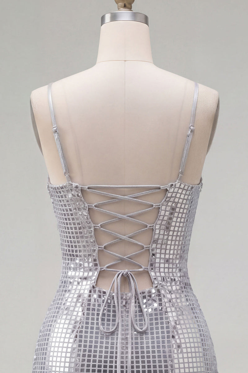 Laden Sie das Bild in den Galerie-Viewer, Glitzernde rote Spaghettiträger, Bodycon Pailletten, kurzes Homecoming-Kleid mit Schnürung hinten