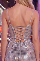 Laden Sie das Bild in den Galerie-Viewer, Glitzernde rote Spaghettiträger, Bodycon Pailletten, kurzes Homecoming-Kleid mit Schnürung hinten