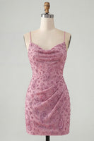 Laden Sie das Bild in den Galerie-Viewer, Dusty Rose Bodycon geraffte Spitze Rücken, Spaghettiträger, kurzes Homecoming-Kleid mit Perlen