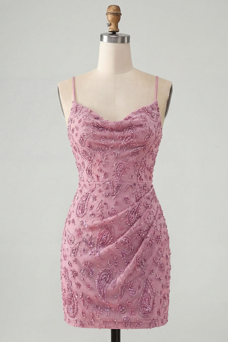 Laden Sie das Bild in den Galerie-Viewer, Dusty Rose Bodycon geraffte Spitze Rücken, Spaghettiträger, kurzes Homecoming-Kleid mit Perlen