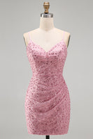Laden Sie das Bild in den Galerie-Viewer, Dusty Rose Bodycon Gerafftes Schnürung Rücken Spaghettiträger Kurzes Abendkleid mit Perlen