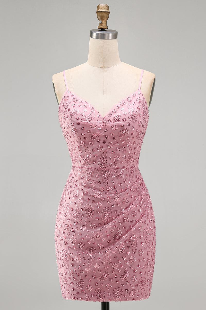 Laden Sie das Bild in den Galerie-Viewer, Dusty Rose Bodycon Gerafftes Schnürung Rücken Spaghettiträger Kurzes Abendkleid mit Perlen