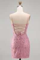 Laden Sie das Bild in den Galerie-Viewer, Dusty Rose Bodycon Gerafftes Schnürung Rücken Spaghettiträger Kurzes Abendkleid mit Perlen