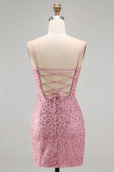 Dusty Rose Bodycon Gerafftes Schnürung Rücken Spaghettiträger Kurzes Abendkleid mit Perlen
