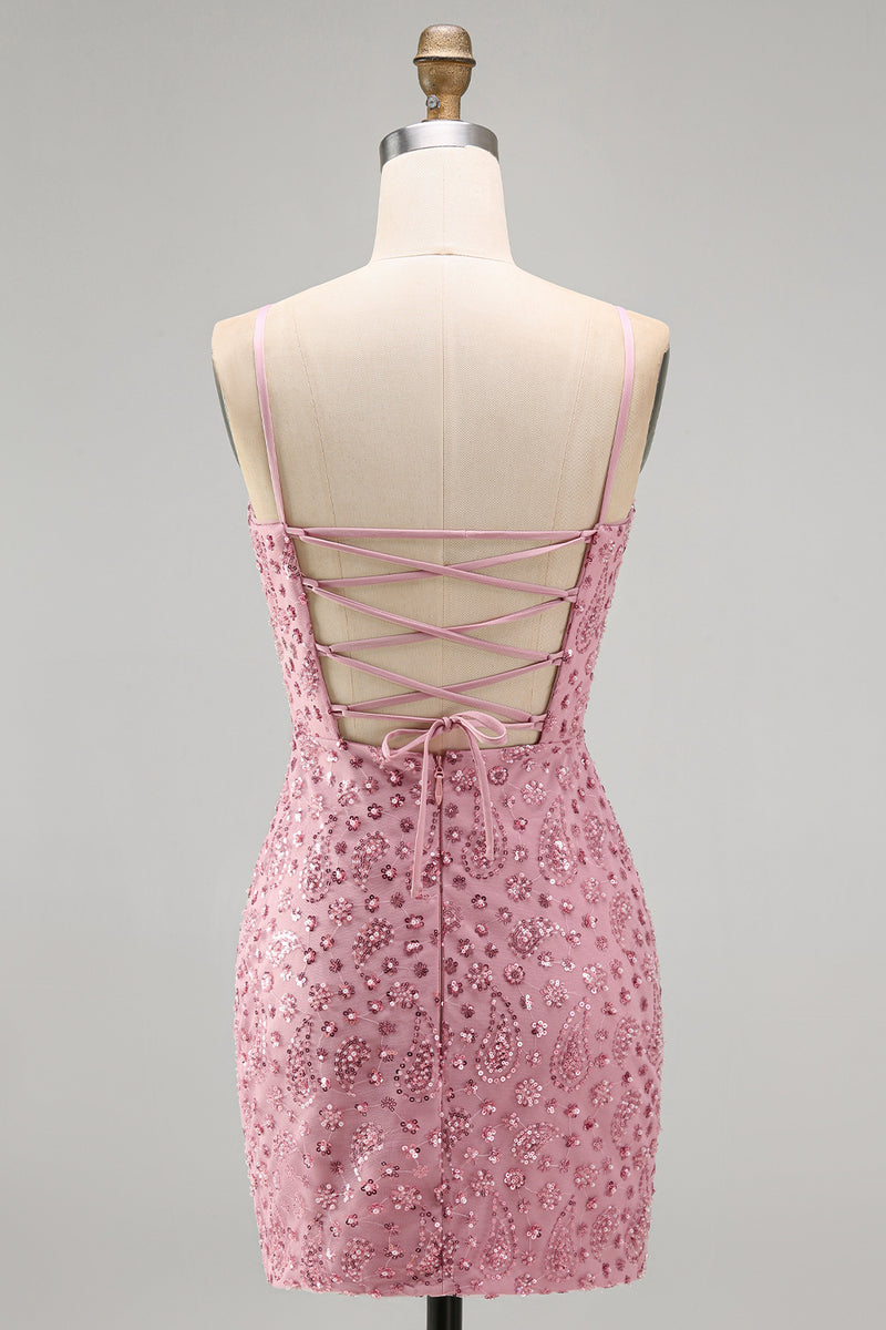 Laden Sie das Bild in den Galerie-Viewer, Dusty Rose Bodycon Gerafftes Schnürung Rücken Spaghettiträger Kurzes Abendkleid mit Perlen