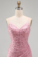 Laden Sie das Bild in den Galerie-Viewer, Dusty Rose Bodycon Gerafftes Schnürung Rücken Spaghettiträger Kurzes Abendkleid mit Perlen