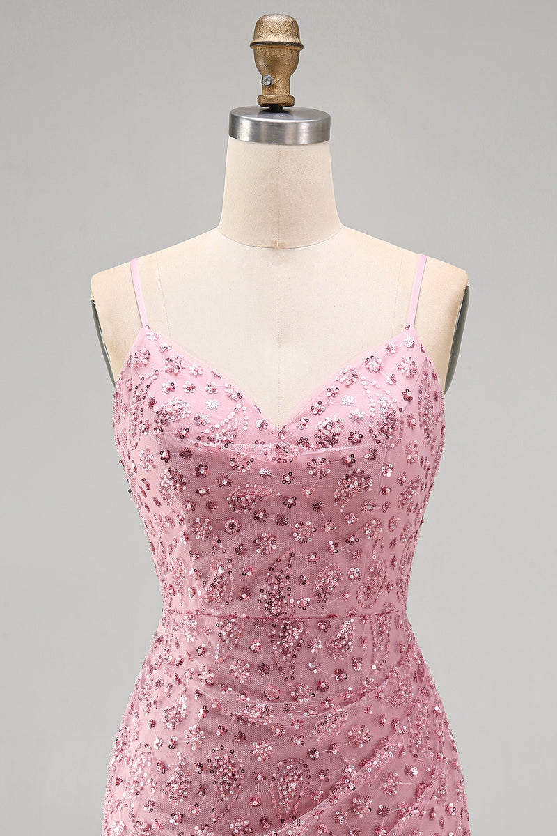 Laden Sie das Bild in den Galerie-Viewer, Dusty Rose Bodycon Gerafftes Schnürung Rücken Spaghettiträger Kurzes Abendkleid mit Perlen