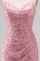 Laden Sie das Bild in den Galerie-Viewer, Dusty Rose Bodycon Gerafftes Schnürung Rücken Spaghettiträger Kurzes Abendkleid mit Perlen