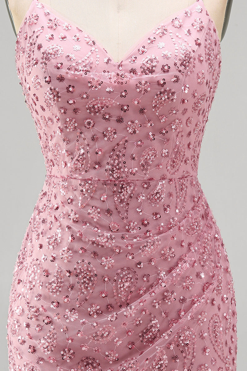 Laden Sie das Bild in den Galerie-Viewer, Dusty Rose Bodycon Gerafftes Schnürung Rücken Spaghettiträger Kurzes Abendkleid mit Perlen