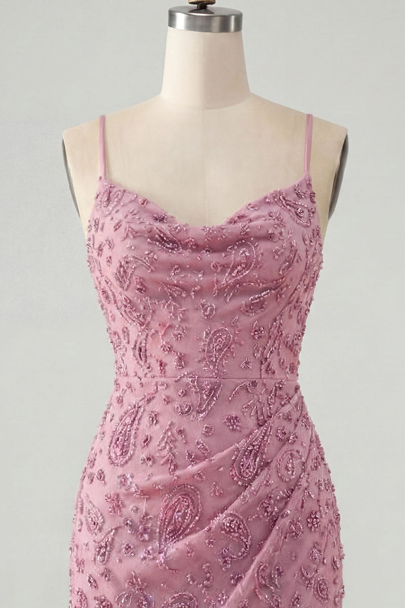 Laden Sie das Bild in den Galerie-Viewer, Dusty Rose Bodycon geraffte Spitze Rücken, Spaghettiträger, kurzes Homecoming-Kleid mit Perlen
