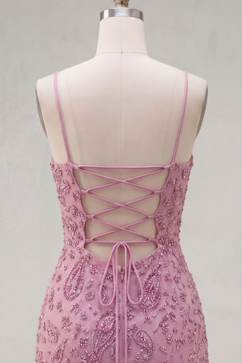 Laden Sie das Bild in den Galerie-Viewer, Dusty Rose Bodycon geraffte Spitze Rücken, Spaghettiträger, kurzes Homecoming-Kleid mit Perlen