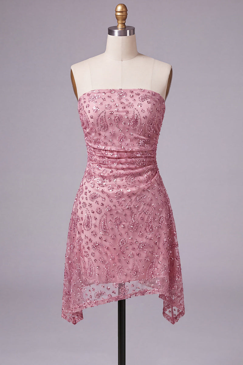 Laden Sie das Bild in den Galerie-Viewer, Trägerloses Dusty Rose Bodycon gerafftes kurzes Homecoming-Kleid mit Perlen
