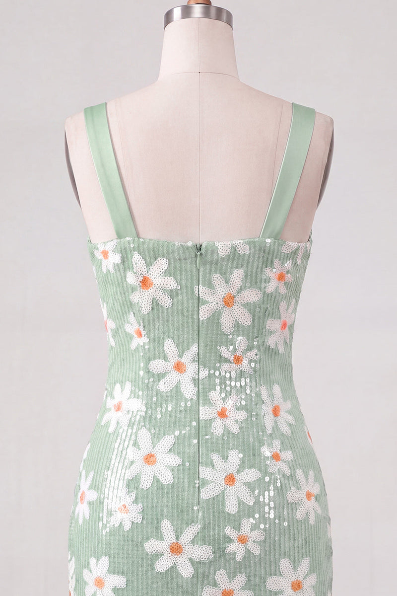 Laden Sie das Bild in den Galerie-Viewer, Grüne geblümte Bodycon-Pailletten Dicke Träger Kurzes Homecoming-Kleid