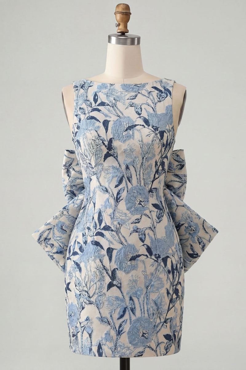 Laden Sie das Bild in den Galerie-Viewer, Pinkgrünes Jacquard Bodycon Bateau-Ausschnitt Blumen-Homecoming-Kleid mit großer Schleife