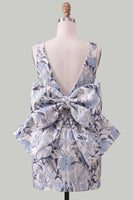 Laden Sie das Bild in den Galerie-Viewer, Pinkgrünes Jacquard Bodycon Bateau-Ausschnitt Blumen-Homecoming-Kleid mit großer Schleife
