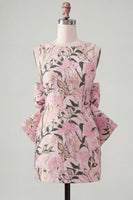 Laden Sie das Bild in den Galerie-Viewer, Pinkgrünes Jacquard Bodycon Bateau-Ausschnitt Blumen-Homecoming-Kleid mit großer Schleife