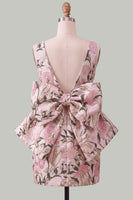 Laden Sie das Bild in den Galerie-Viewer, Pinkgrünes Jacquard Bodycon Bateau-Ausschnitt Blumen-Homecoming-Kleid mit großer Schleife