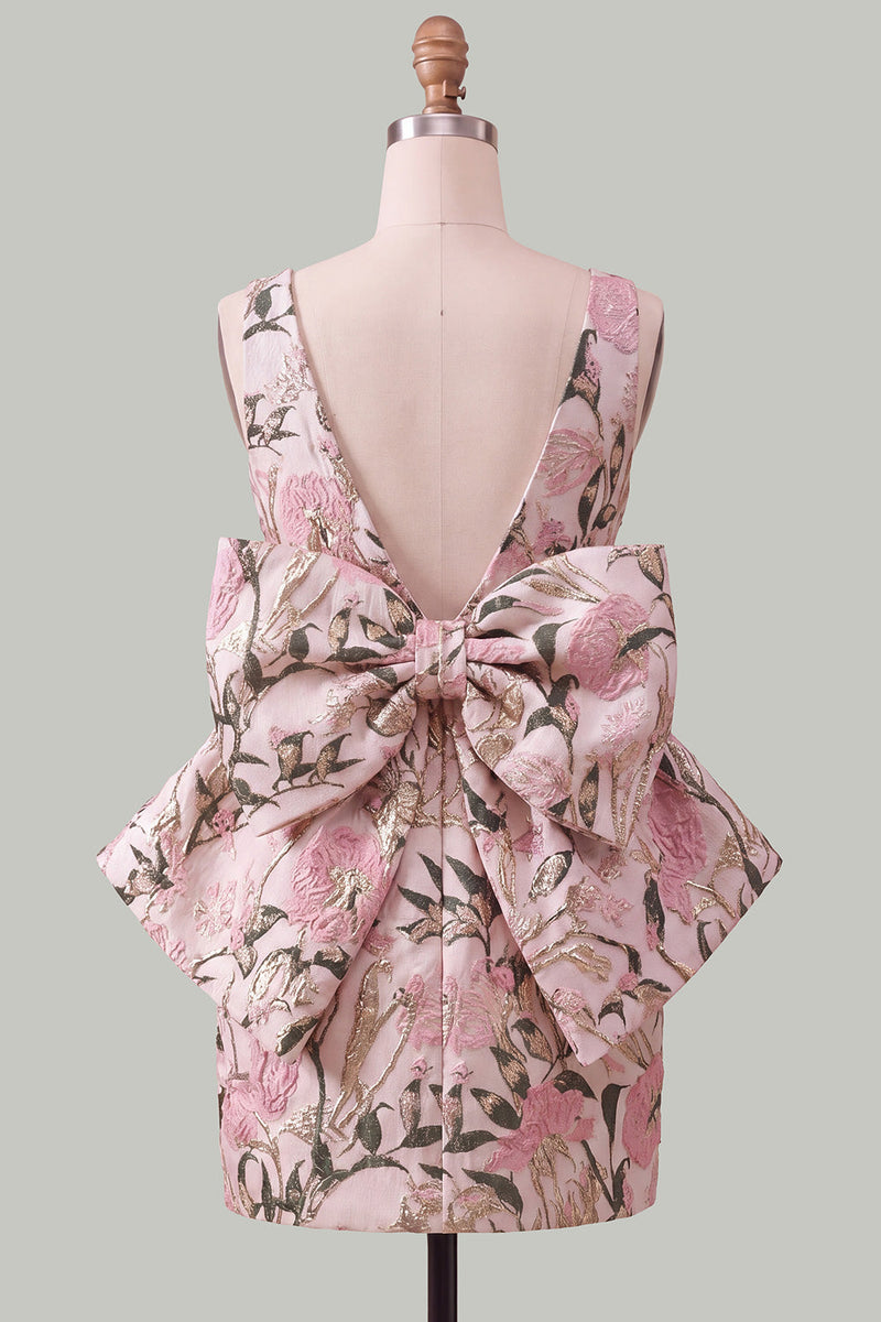 Laden Sie das Bild in den Galerie-Viewer, Pinkgrünes Jacquard Bodycon Bateau-Ausschnitt Blumen-Homecoming-Kleid mit großer Schleife