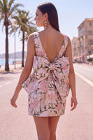 Laden Sie das Bild in den Galerie-Viewer, Pinkgrünes Jacquard Bodycon Bateau-Ausschnitt Blumen-Homecoming-Kleid mit großer Schleife