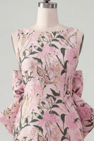 Laden Sie das Bild in den Galerie-Viewer, Pinkgrünes Jacquard Bodycon Bateau-Ausschnitt Blumen-Homecoming-Kleid mit großer Schleife