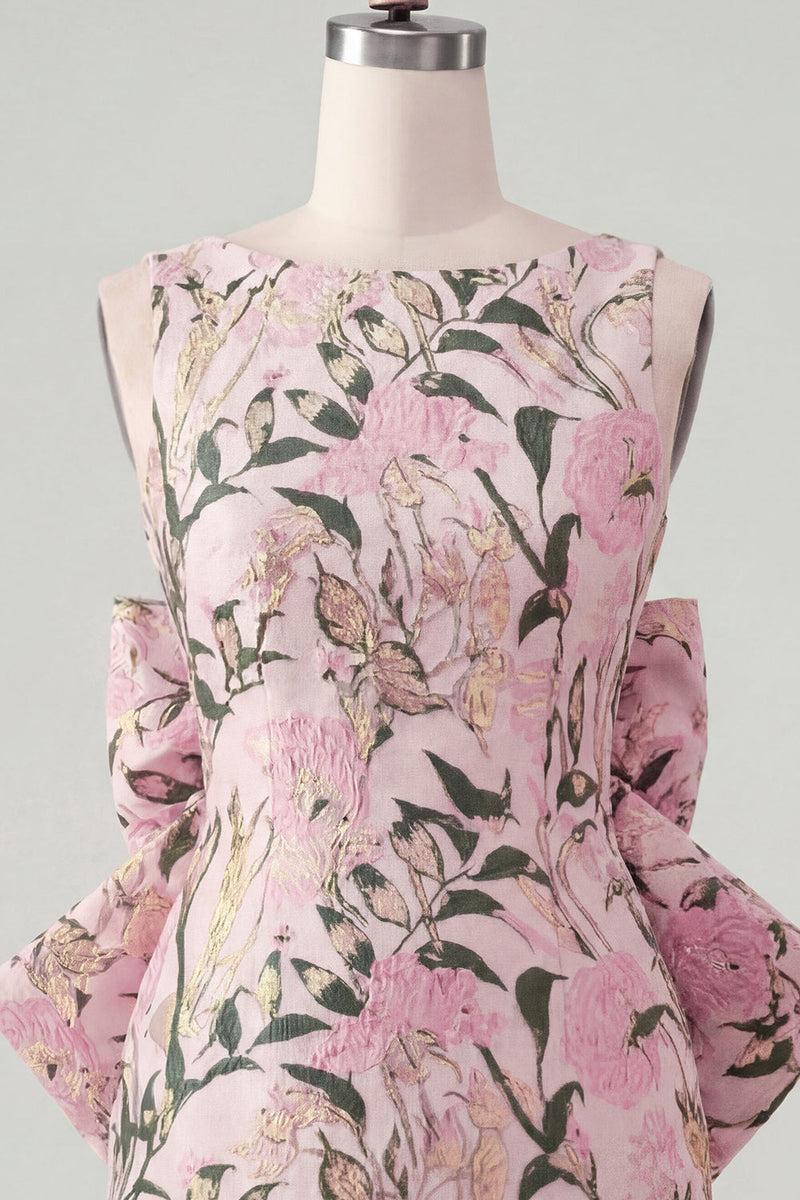 Laden Sie das Bild in den Galerie-Viewer, Pinkgrünes Jacquard Bodycon Bateau-Ausschnitt Blumen-Homecoming-Kleid mit großer Schleife