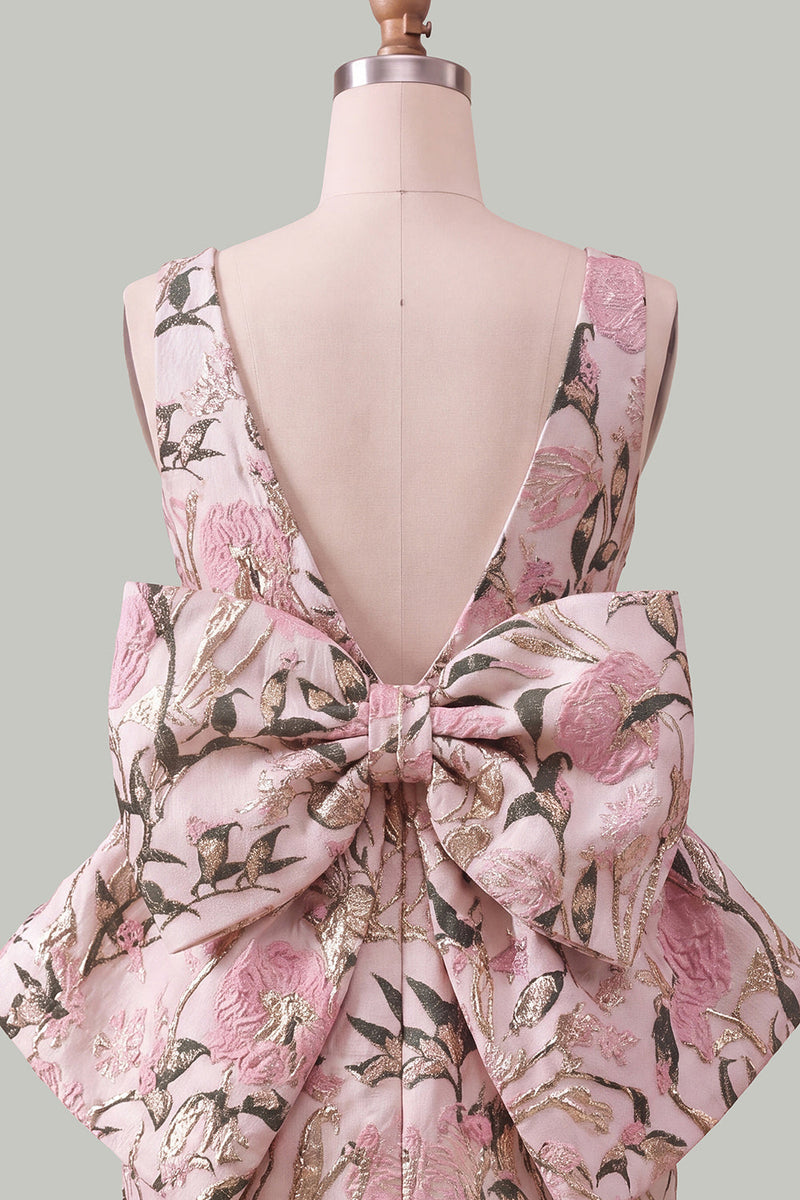 Laden Sie das Bild in den Galerie-Viewer, Pinkgrünes Jacquard Bodycon Bateau-Ausschnitt Blumen-Homecoming-Kleid mit großer Schleife