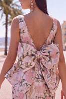 Laden Sie das Bild in den Galerie-Viewer, Pinkgrünes Jacquard Bodycon Bateau-Ausschnitt Blumen-Homecoming-Kleid mit großer Schleife
