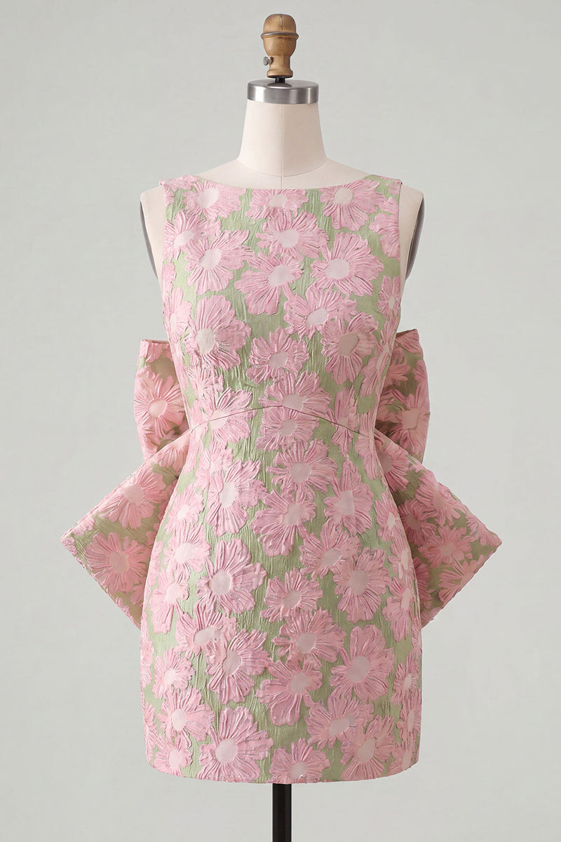 Laden Sie das Bild in den Galerie-Viewer, Pinkgrünes Jacquard Bodycon Bateau-Ausschnitt Blumen-Homecoming-Kleid mit großer Schleife
