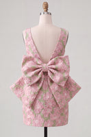 Laden Sie das Bild in den Galerie-Viewer, Pinkgrünes Jacquard Bodycon Bateau-Ausschnitt Blumen-Homecoming-Kleid mit großer Schleife
