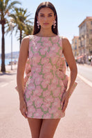 Laden Sie das Bild in den Galerie-Viewer, Pinkgrünes Jacquard Bodycon Bateau-Ausschnitt Blumen-Homecoming-Kleid mit großer Schleife