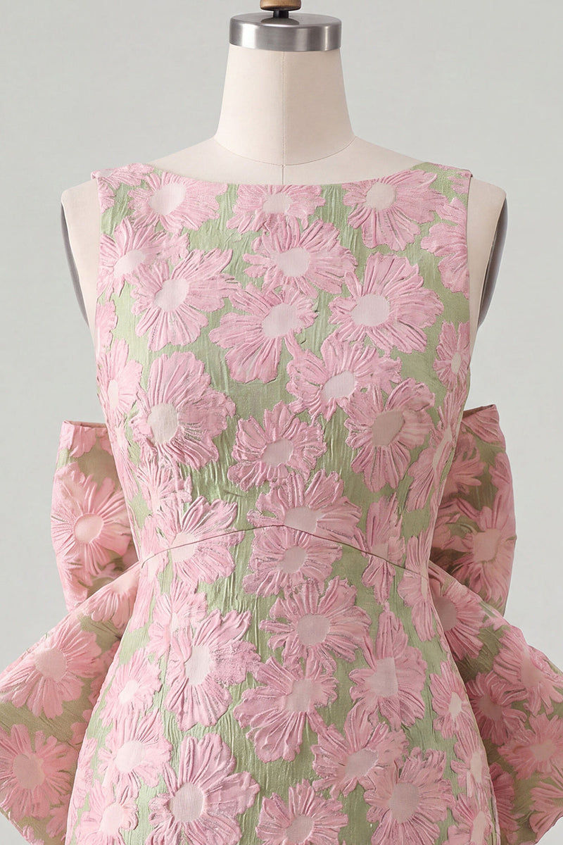Laden Sie das Bild in den Galerie-Viewer, Pinkgrünes Jacquard Bodycon Bateau-Ausschnitt Blumen-Homecoming-Kleid mit großer Schleife