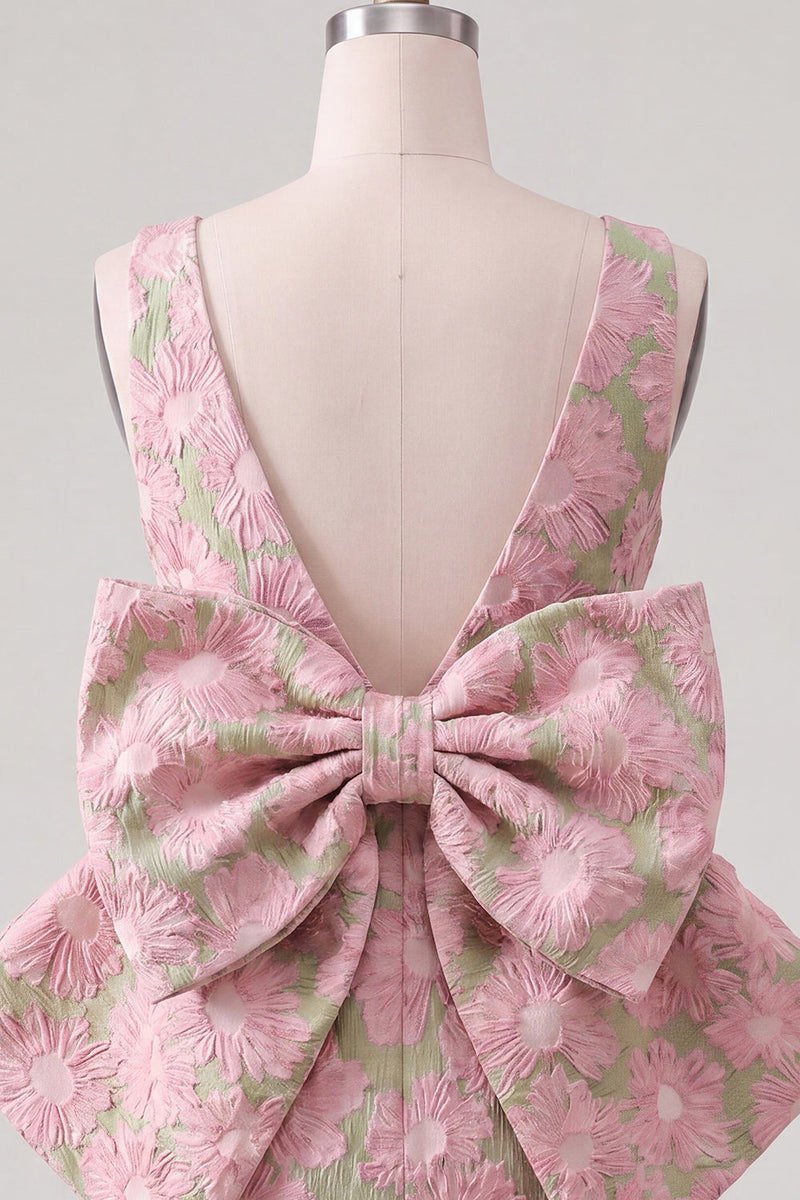 Laden Sie das Bild in den Galerie-Viewer, Pinkgrünes Jacquard Bodycon Bateau-Ausschnitt Blumen-Homecoming-Kleid mit großer Schleife