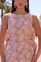 Laden Sie das Bild in den Galerie-Viewer, Pinkgrünes Jacquard Bodycon Bateau-Ausschnitt Blumen-Homecoming-Kleid mit großer Schleife